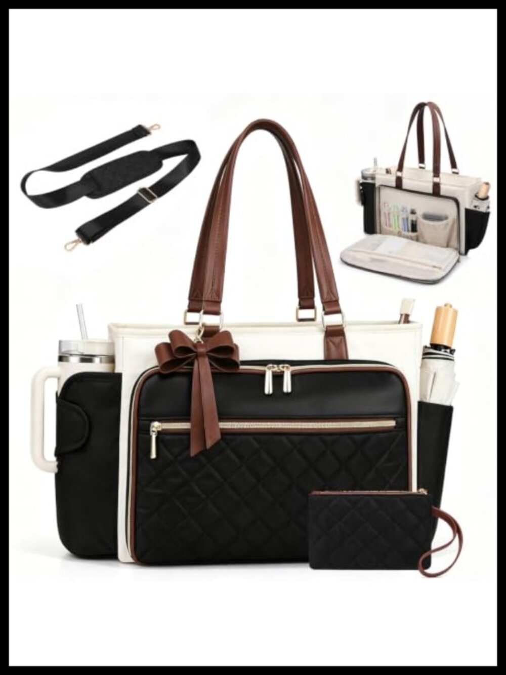 Teacher Laptop Tote Bag with Padded 15.6" Compartment, Leakproof Cup Holder,